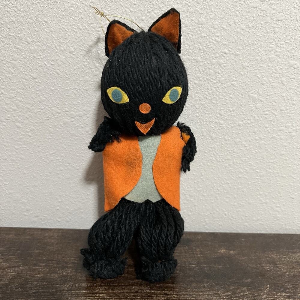 Vtg 1950's Halloween 8" Black Cat Doll Ornament Yarn Orange Felt Vest Japan